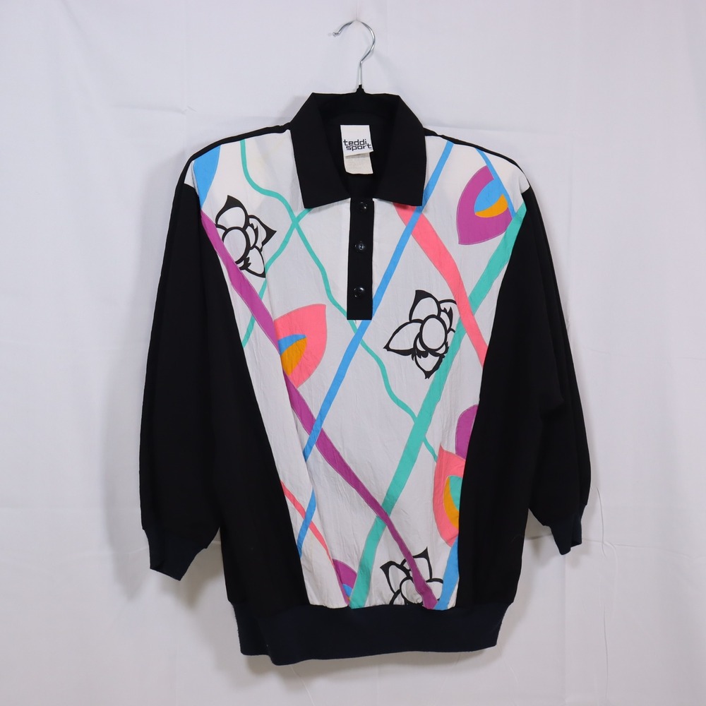 Teddi Sport Pullover Top Medium Black Womens Vintage Abstract Graphic